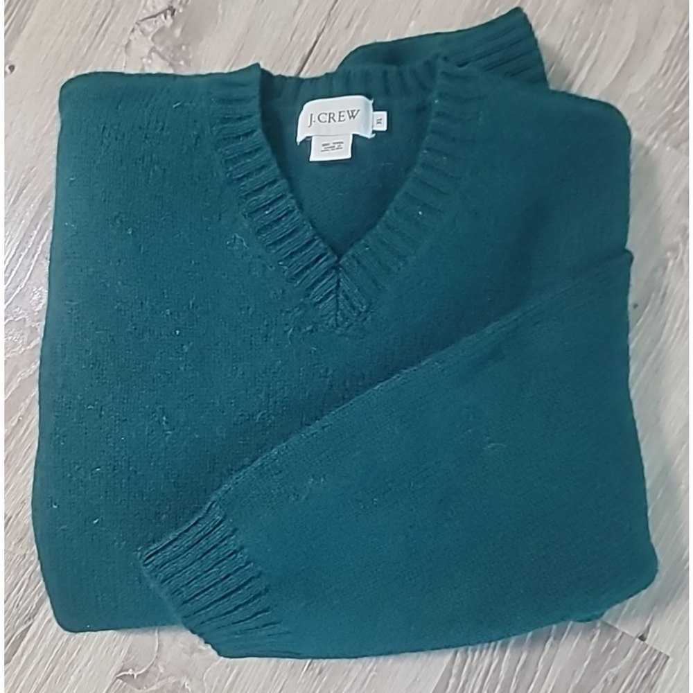 Vintage J CREW Men's XL Green 100% Wool Fisherman V-neck Sweater Boxy